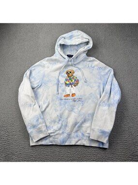 Polo Ralph Lauren Men's Large Tie Dye Polo Bear Hoodie Blue Graphic Pullover
